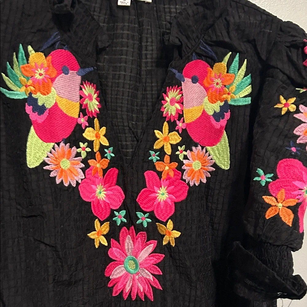 THML Black Blouse with Bright Floral & Bird Embroidery - Picture 4 of 5